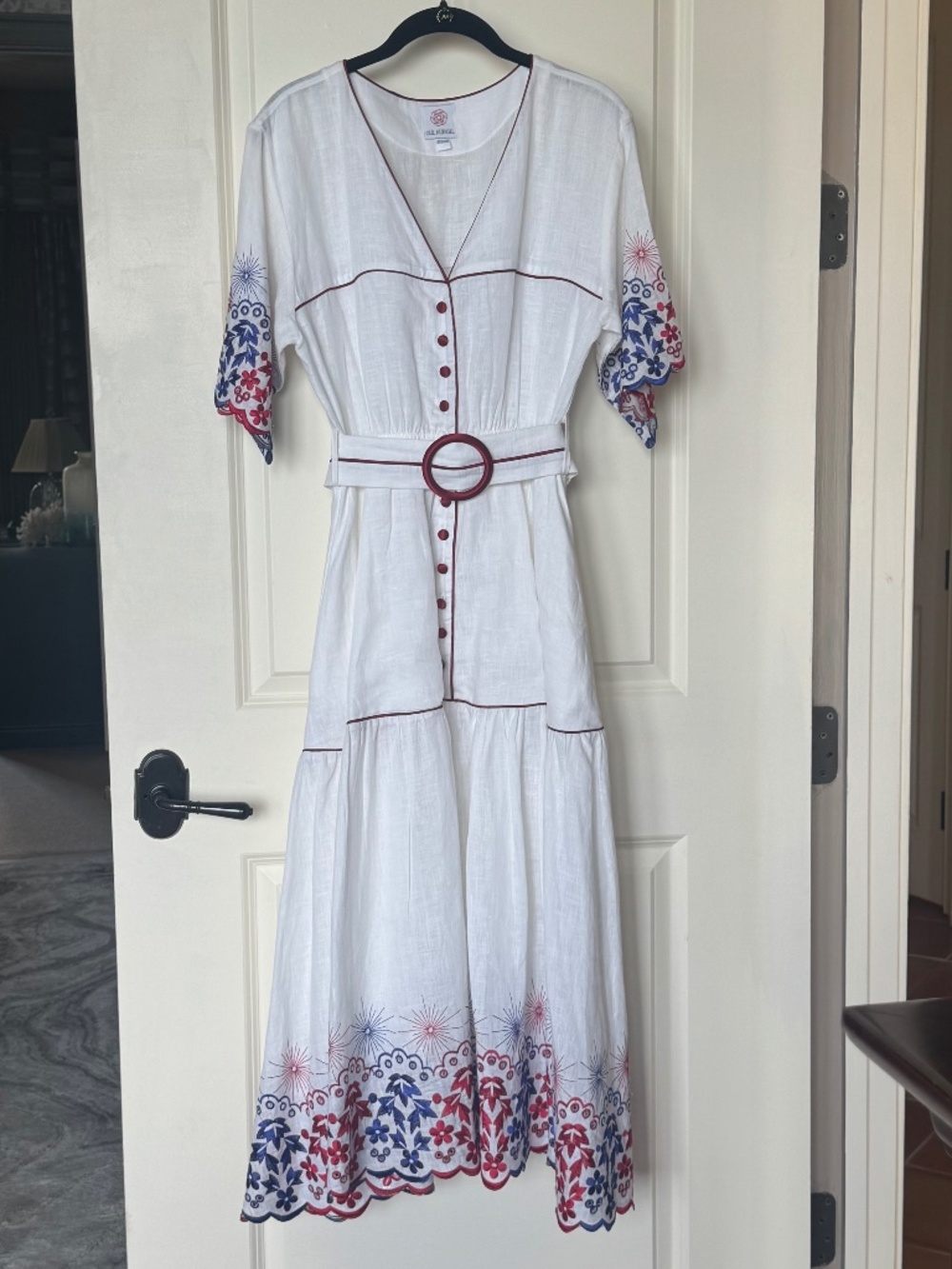 Gul Hurgel White Linen Embroidered Midi Dress, sz X Small - oversized